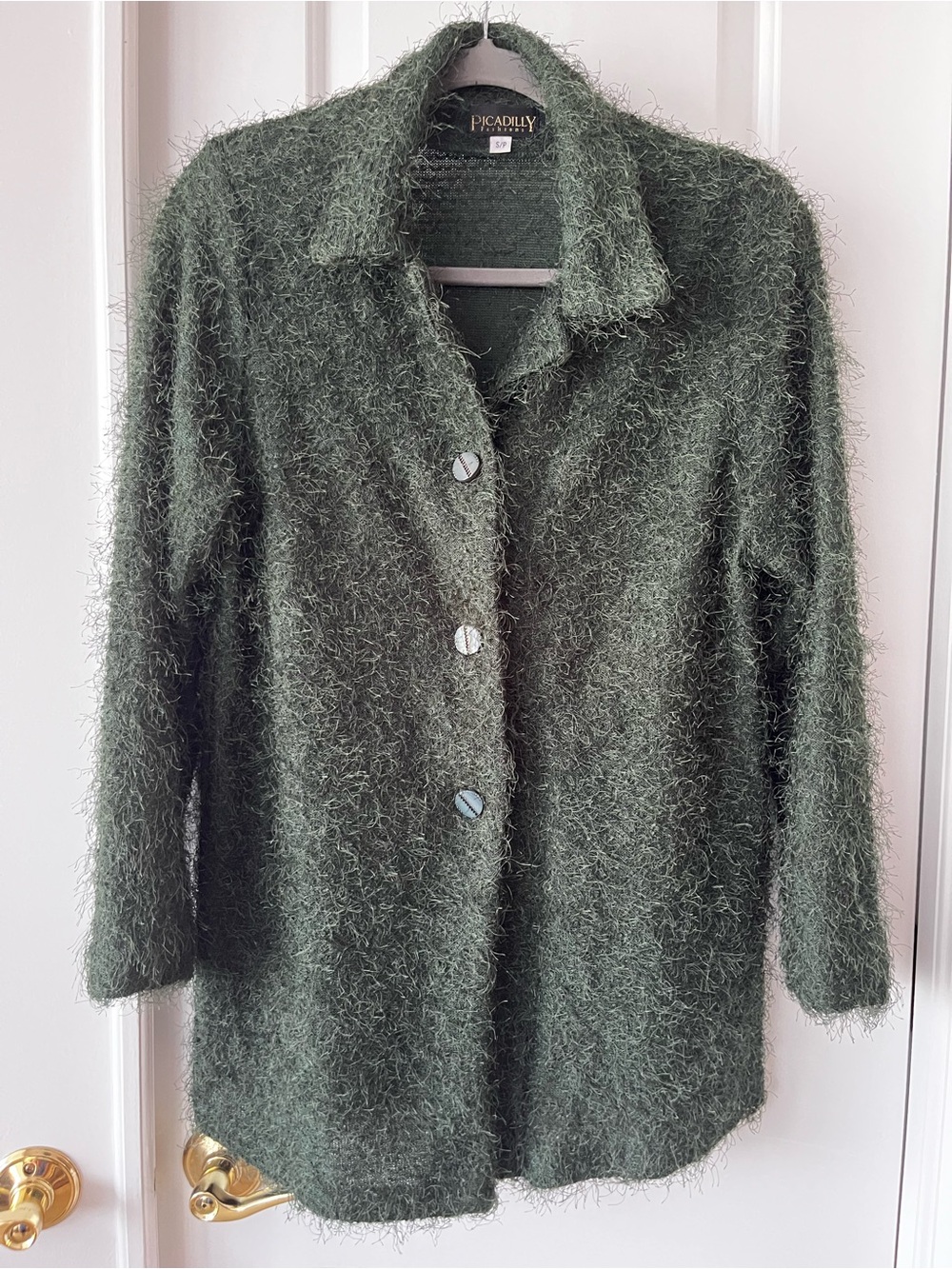 Picadilly Fashion Green Fuzzy Button-Front Sweater Jacket